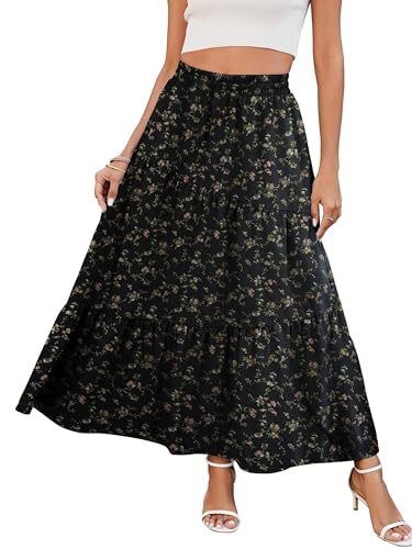 Timuspo Maxirock für Damen mit Taschen, elastisch, hohe Taille, Boho, Sommer, A-Linie, fließend, schwingend, Rüschen, einfarbig, Blumenrock, Flower Leave, schwarz, S von Timuspo
