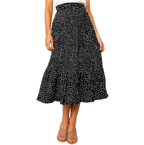 Timuspo Midi Plissee Schwarzer Rock Polka-Dots Faltenrock Damen Lang Sommerrock Skirts Elastischer Bund Röcke Sommer mit Taschen M von Timuspo