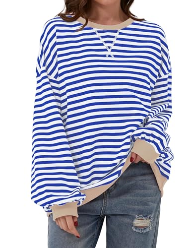Timuspo Oversize Dünne Pullover Damen Baumwolle Bequeme Sweater Y2k Herbst Winter Sweatshirt Streifenshirt Ohne Kapuz Langarmshirt Oberteile Blau XL von Timuspo