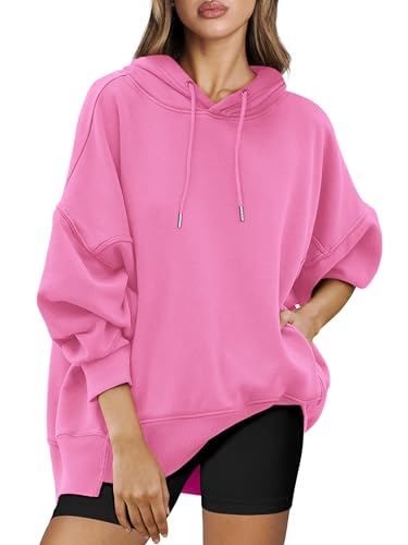 Timuspo Oversized Hoodie Damen Langen Ärmeln Pullover Pink Streetwear Große Größen Einfarbig Oversize Kapuzenpullover Casual Sweatshirts Rosa XL von Timuspo