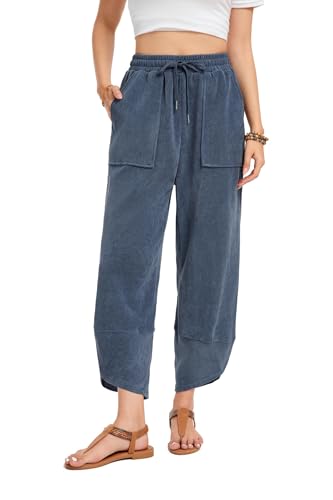 Timuspo Palazzo Hose mit Gummibund Weite Locker Stoffhose Damen Elegant Freizeithose Damenhose Blau S von Timuspo