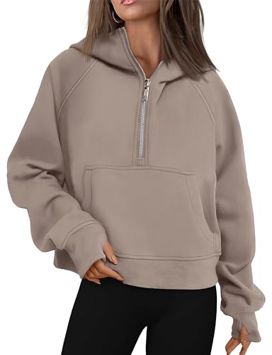 Timuspo Pullover Damen Kapuzenpullover Sweat Kapuzenjacke mit Daumenloch Sweatjacke Half Zip Sweater Langarm Hoodie Stehkragen Damen mit Zipper Outdoor Sport Oberteile Hellbraun XL von Timuspo