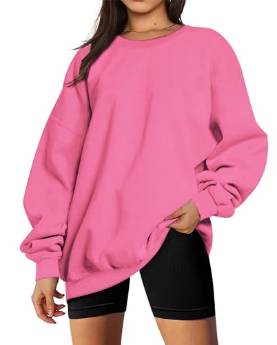 Timuspo Pullover Damen Oversize Langarm Fleece Rundhalsausschnitt Sweatshirt Herbst Winter Frauen Ohne Kapuze Locker Casual Lang Oberteile Rosa L von Timuspo