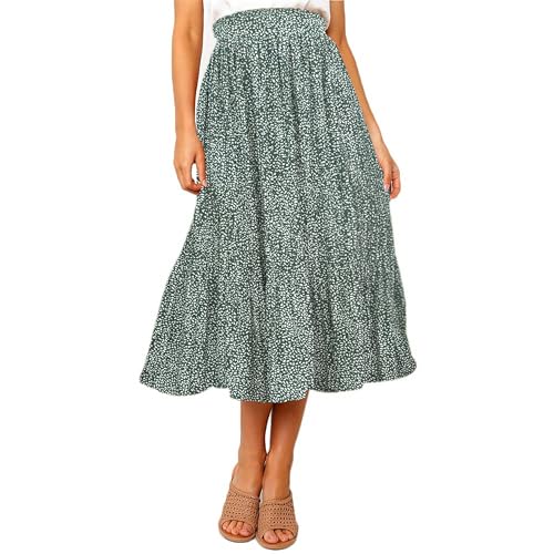Timuspo Rock Damen Sommer Plisseerock Elegant Midirock mit Taschen Weiter Luftiger Sommerrock A-Linie Lange Röcke Polka Dot Skirt Faltenrock Laub Grüner Rock M von Timuspo
