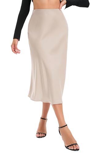 Timuspo Röcke für Damen Satinrock Einfarbig Midi Rock Sommer Knielang Bleistiftrock A-Linie Casual Maxi Skirt mit Versteckter Elastischer Helles Khaki XL von Timuspo