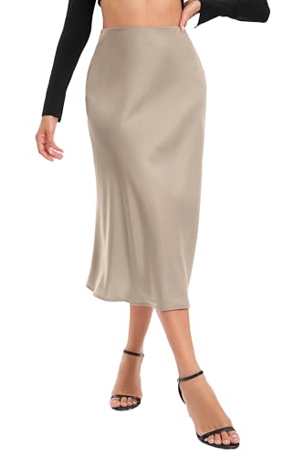 Timuspo Satin Rock Damen Hohe Taille Midi Skirt Sommerrock Einfarbig A Linie Knielang Midirock Bleistiftrock Lang Röcke Frühling Sommer Business Skirts Khaki Grau S von Timuspo