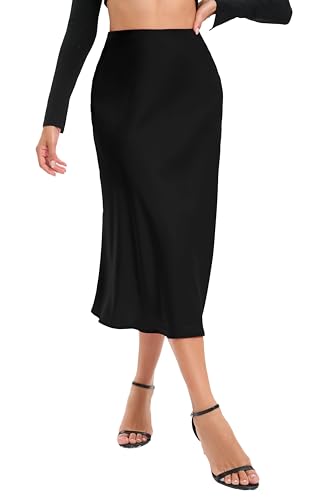 Timuspo Satinrock Lang Damen Hohe Taille Satin Rock A Linie Casual Maxirock Sommer Elegant Midirock Schwarzer M von Timuspo