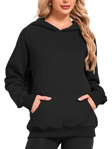 Timuspo Schwarzer Hoodie Einfarbig Oversize Pullover Sport Kapuzenpullover Casual Langarm Sweatshirt Damen Baumwolle mit Tasche Oberteile Herbst Schwarz L von Timuspo