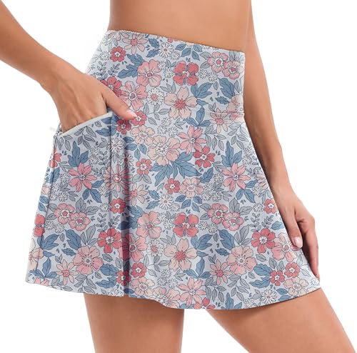 Timuspo Schwimmrock Damen Badeshorts Baderock Bademode Hoserock Bikini Rock Tennisrock mit Hose Schwimmshorts 4 Taschen Blume Rosa L von Timuspo