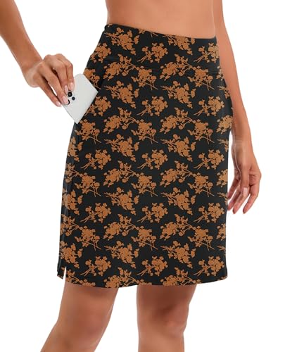 Timuspo Skorts Damen Tennisrock Hosenrock Knielang Athletischer Funktionsrock mit Innenhose Hoher Taille Rock mit Tasche Arbeitsrock Schwarz-orange Blumen L von Timuspo