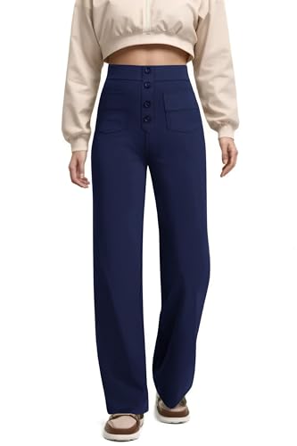 Timuspo Sommer Hose Weites Bein Hohe Taille Sporthosen für Damen Atmungsaktive Freizeithose mit 4 Taschen Business Hose Marineblau XL von Timuspo