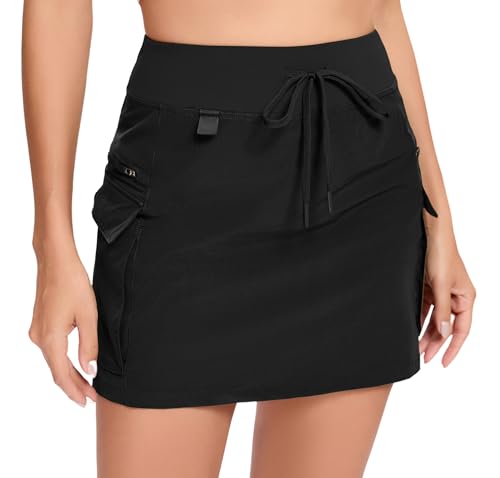 Timuspo Sommerrock Damen Atmungsaktiv Sportrock mit Hose Elastischer Bund Tennisrock Lässig Schwarz Cargo Rock mit Taschen S von Timuspo