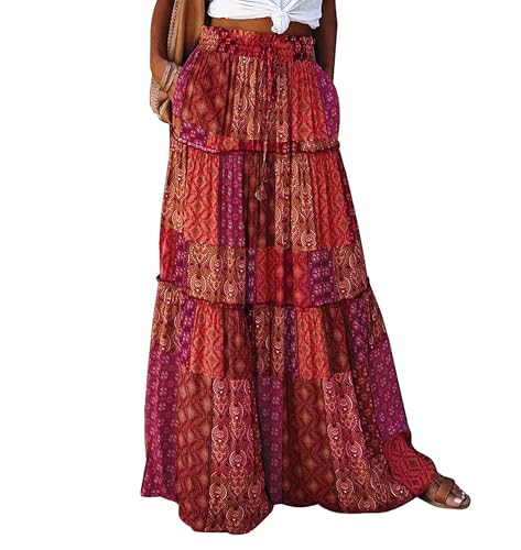 Timuspo Sommerrock Damen Lang Midirock Maxi Hohe Taille Hippie Roter Rock Casual Röcke Sommer Skirt Midi Atmungsaktiv Strandrock Faltenrock Boho-Rot M von Timuspo