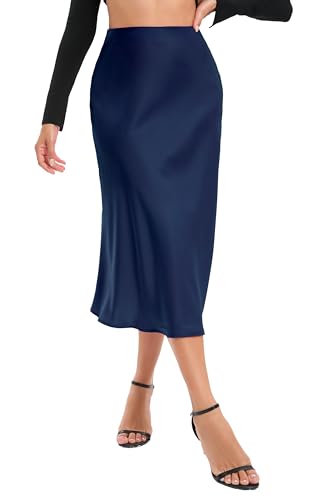 Timuspo Sommerrock Damen Midi Hohe Taille A Linien Satin Lang Sommer Rock Knielang Einfarbig Skirt Business Elegant Bleistiftrock Marineblau XL von Timuspo