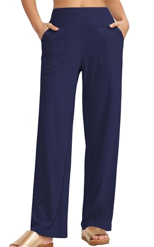 Timuspo Sporthose Damen Lang Freizeithose Wide Leg Hohe Taille Bequeme Hosen Jogginghosen Sommer Hose Elegant Einfarbig Yogahose Marineblau M von Timuspo