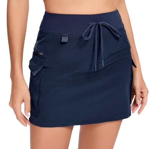 Timuspo Sportrock Damen mit Hose Atmungsaktiv Tennisrock Tasche mit Reißverschluss Lässig A-Line Sommerrock Mini Rock Marineblau XL von Timuspo
