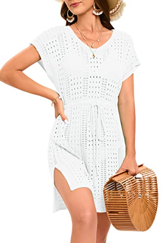 Timuspo Strandkleid Damen Sommer Gestrickt Häkeln Beach Cover Up Sexy Mini Weiß Bikini Badeanzug Sommerkleid von Timuspo