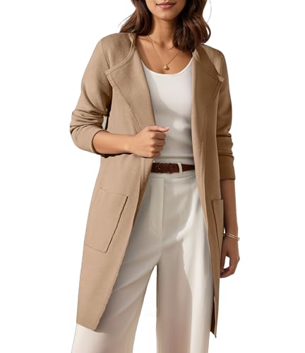 Timuspo Strickjacke Strickpullover Cardigan Elegant Strickjacken für Damen Drapiert Lang Herbst Winter mit Taschen Women's Cardigans Strickmantel Khaki L von Timuspo