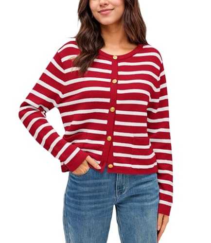 Timuspo Strickjacken Pullover für Damen Langarm Herbst Winter Oberteile Elegant Rundhals Cardigan Baumwolle Strickjacke Rot L von Timuspo