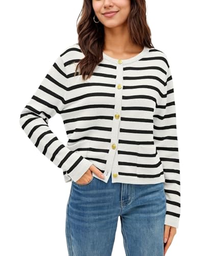 Timuspo Strickjacken für Damen Gestreifte Rundhalsausschnitt Cardigan mit Taschen Mode Klassisches Button Down Pullover Herbst Strickjacke Weiß L von Timuspo
