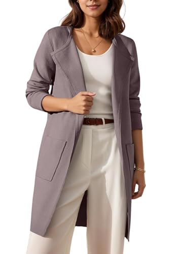 Timuspo Strickmantel Damen Open Front Long Cardigan Damen Blau Langarm Einfarbig Elegante Strickjacke mit Taschen Hellbraun M von Timuspo