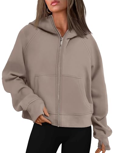 Timuspo Sweater Jacke Damen Basic Kapuzen Sweatshirt Sweatjacke Casual Zipper Hoodie Y2k Oberteile Kapuzenpullover Hellbraun S von Timuspo