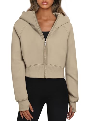 Timuspo Sweatjacke Damen Crop Langarm mit Kapuze Kurz Fleece-Innenfutter Y2k Hoodie Reißverschluss Sweatshirt Kapuzenpullover Khaki XL von Timuspo