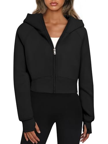 Timuspo Sweatjacke Damen Cropped Y2k Sweatshirt Dünne Jacke Langarm Herbst Winter Schwarzer Hoodie Reißverschluss Fleecejacke mit Kapuze Kapuzenpullover Schwarz L von Timuspo