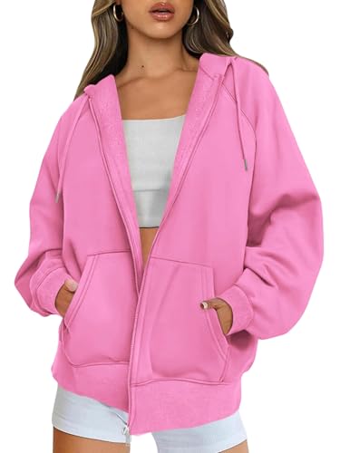 Timuspo Sweatjacke Damen Oversized Einfarbig Sweatshirt Hoodie mit Reißverschlus Herbst Rosa S von Timuspo