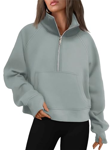 Timuspo Sweatjacke Half Zip Pullover Damen Halber Reißverschluss Hoodie Daumenloch Revers Fleece Jacke Sweatshirt Zipper Graugrün S von Timuspo