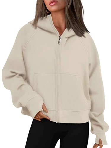 Timuspo Sweatshirt Damen Fleecejacke Y2k Zip Up Hoodie Kapuzenpullover Langarm College Jacke Strickjacke mit Kapuze Beige XL von Timuspo