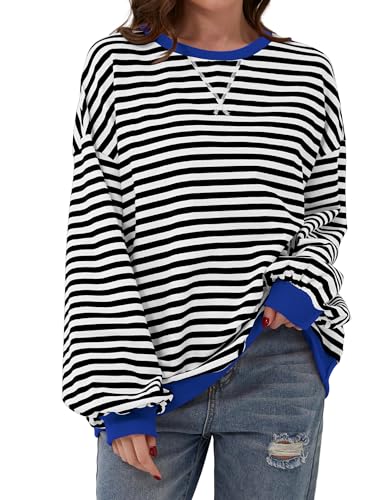 Timuspo Sweatshirt Pullover Damen Striped Color Block Oversized Look Ohne Kapuze Y2k Oversize Lang Crew Neck Schwarz Gestreiftes Oberteile Shirt Tops XL von Timuspo