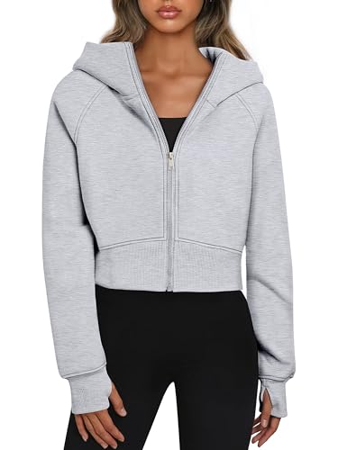 Timuspo Sweatshirtjacke Damen Langarm Sweatshirt Hoodie 90er Y2k Gym Sweatjacke Baumwolle Kapuzenjacke Pulli mit Kapuze Reissverschluss Daumenloch Oberteile Grau XL von Timuspo