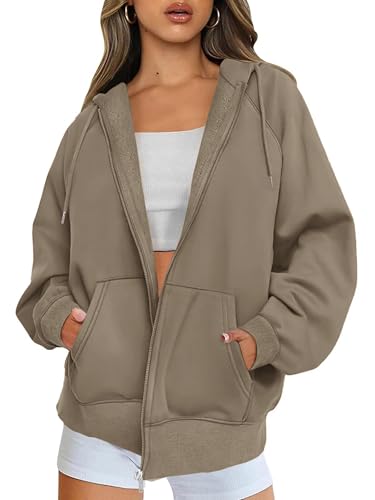 Timuspo Sweatshirtjacke Damen mit Kapuze Zip Up Herbst Winter Baumwoll Pullover Bequem Fleece Oversize Hoodie Hellbraun M von Timuspo