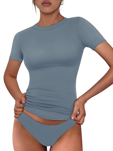Timuspo T-Shirt Damen Kurzarm Enges Oberteile Sommer Crop Top Basic Tshirts Women Rundhals Sport Shirts Party Haze Blau XL von Timuspo