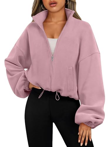 Timuspo Warme Fleecejacke Damen Stehkragen Kordelzug Teddyfleece Full Zip Hoodie Jacke Langarm Fleece Jacket mit Taschen Herbst Kurzjacke Ohne Kapuze Sweatshirt Hellviolett XL von Timuspo