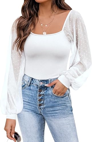 Timuspo Weisse Blusen Damen Mesh-Langarmshirt Puffärmel Elegante Weiße Bluse Rundhals Ausschnitt Sommer Slim Fit T-Shirts L von Timuspo