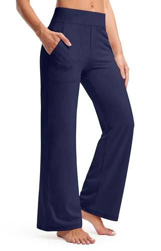 Timuspo Yoga Hose Damen Weites Bein Sport Hosen mit Taschen Elegant Yogapants Bequeme Bauchkontrolle High Waist Jogginghose Sporthose Marineblau S von Timuspo