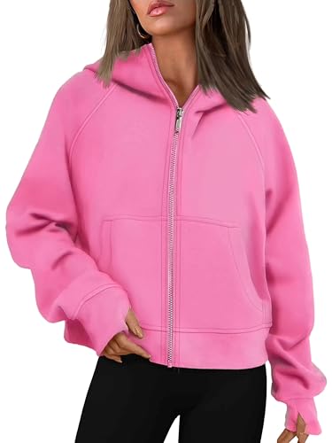 Timuspo Zip Pullover Damen Oberteile Sweatjacke mit Kapuze Classics Basic Hoodie Langarm Winter Kapuzenjacke Y2k Sweatshirt Rosa L von Timuspo