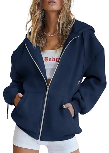 Timuspo Zipper Hoodie Damen Sweatjacke Kapuzenjacke Lang Sweatshirt Oversize Kapuzenpullover mit Kapuze jacken Reißverschluss Mantel Pullover Marineblau XL von Timuspo