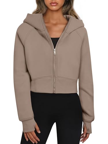 Timuspo Zipper Hoodie Y2k Basic Baumwoll Sweatjacke Langarm Kapuzen Strickjacke Full-Zip Cropped Kapuzenpullover Jacke Oversize Herbst Winter Sportjacke Hellbraun L von Timuspo