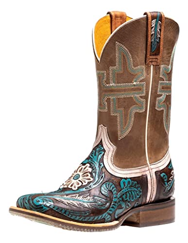 Tin Haul Damen-Cowboystiefel, Leder, einsame Blume, Boho, Feder, Braun, Braun, 40.5 EU von Tin Haul