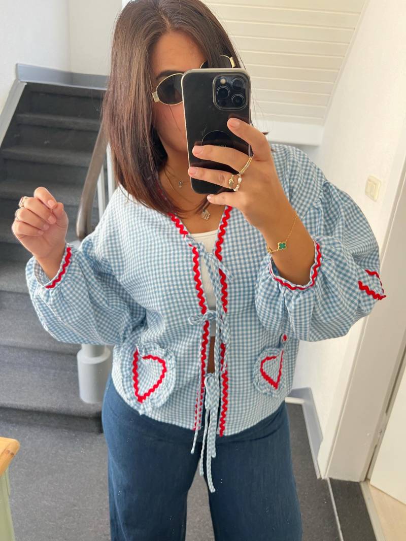 Kariertes Sweetheart-Top Damen-Langarm-Bluse von TinArtbytina