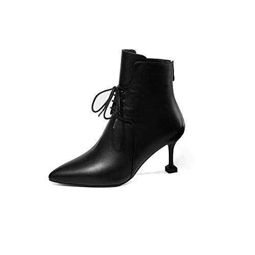 TinaCus Damen Echtes Leder Spitze Spitze Zehen Schnüren Rücken Reißverschluss Handgefertigt Stiletto Absatz Mode Stiefeletten, schwarz, 38.5 EU von TinaCus