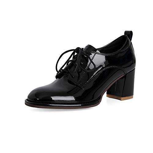 TinaCus Damen Glänzendes Lackleder Handgemachte Runde Zehen Selftie Mid Chunky Heels Casual Oxford Schuhe, schwarz, 40 EU von TinaCus