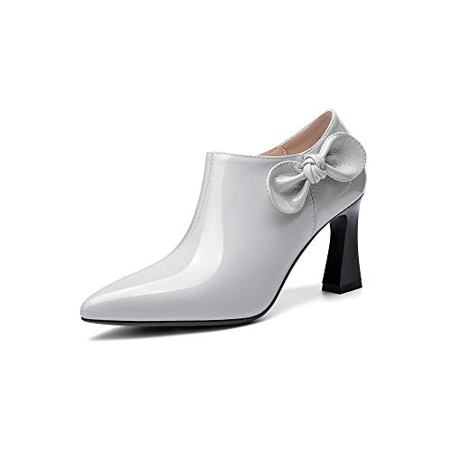 TinaCus Damen Lackleder Handgemachte Spitze Zehe Seitlicher Reißverschluss Elegante High Chunky Heel Pumps mit Süße Schleife, grau, 38.5 EU von TinaCus