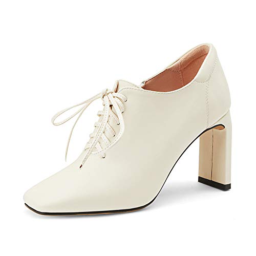 TinaCus Damen-Pumps aus echtem Leder, handgefertigt, quadratischer Zehenbereich, Schnürung, seitlicher Reißverschluss, hoher klobiger Absatz, beige, 38 EU von TinaCus