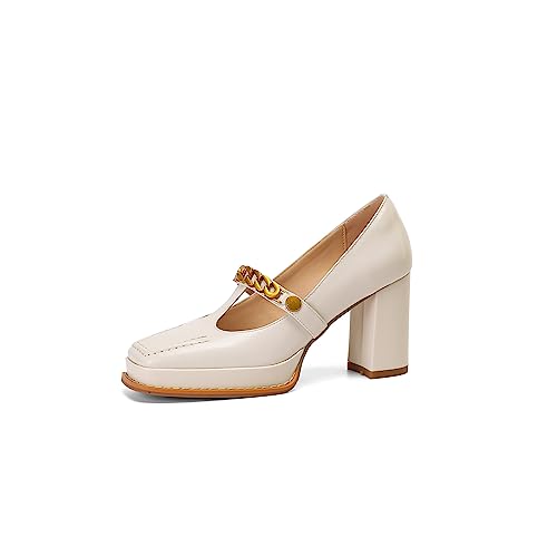 TinaCus Damen-Pumps aus echtem Leder, quadratische Zehenpartie, handgefertigt, T-Riemen, Kette, High Blockabsätze, stilvolle Pumps, Beige, 37.5 EU von TinaCus
