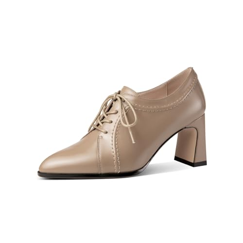 TinaCus Damen-Schuhe, spitzer Zehenbereich, echtes Leder, handgefertigt, Schnürung, mittelhohe Blockabsätze, lässige Oxford-Schuhe, aprikose, 36 EU von TinaCus