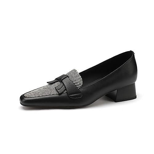 TinaCus Damen-Slipper mit runder Zehenpartie, echtes Leder und gestreifter Stoff, handgefertigt, Schleife, niedrig, klobige Absätze, Schwarz, 37.5 EU TinaCus Damen-Slipper mit runder Zehenpartie, echtes Leder und gestreifter Stoff, handgefertigt, Schleife, niedrig, klobige Absätze, Schwarz, 37.5 EU von TinaCus